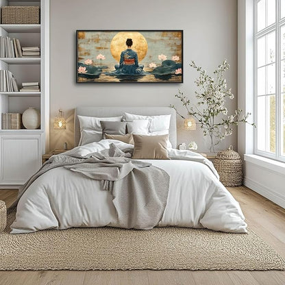 Japanese Woman Large Wall Art Lotus Moon Pictures Wall Decor Nature Canvas Landscape Print Painting Modern Artwork Home Decoration for Living Room Bathroom Bedroom Office Framed 60"x30"