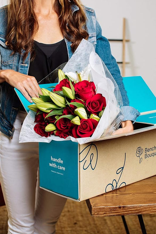 Benchmark Bouquets - Oriental Lilies & Red Roses (Glass Vase Included) - Fresh Flowers for Delivery - Gift for Graduation, Birthday, Anniversary, Sympathy, Get Well, Congratulations