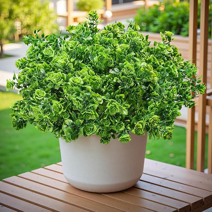 HyeFlora Artificial Plants for Outdoors Outside Spring Summer Decoration, 12 Bundles Faux Green Plastic Leaves Stems Bulk Fake Greenery Look Real UV Resistant for Home Porch Patio Planter Yard Wedding