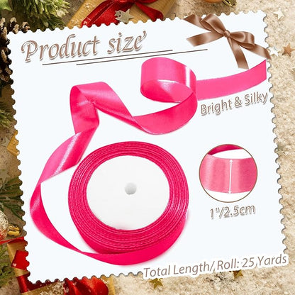 Luomorgo 1 Inch Hot Pink Satin Ribbon, 25 Yards Solid Color Ribbon, Fabric Ribbon for Gift Wrapping, Flower Bouquet, DIY Craft, Sewing, Wedding, Birthday Party Decorations