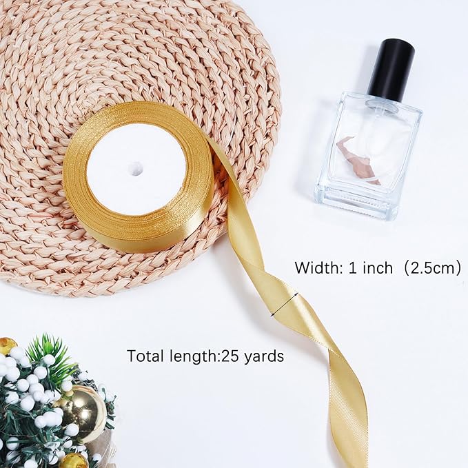 Gold Ribbon for Gift Wrapping, 1 inch Polyester Satin Hair Ribbons for Flower Bouquet, Weeding Decoration, Baby Shower, Crafts Bows Fabric Christmas Ribbon 25 Yards