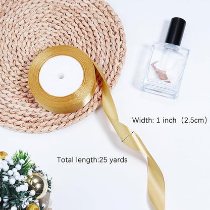 Gold Ribbon for Gift Wrapping, 1 inch Polyester Satin Hair Ribbons for Flower Bouquet, Weeding Decoration, Baby Shower, Crafts Bows Fabric Christmas Ribbon 25 Yards