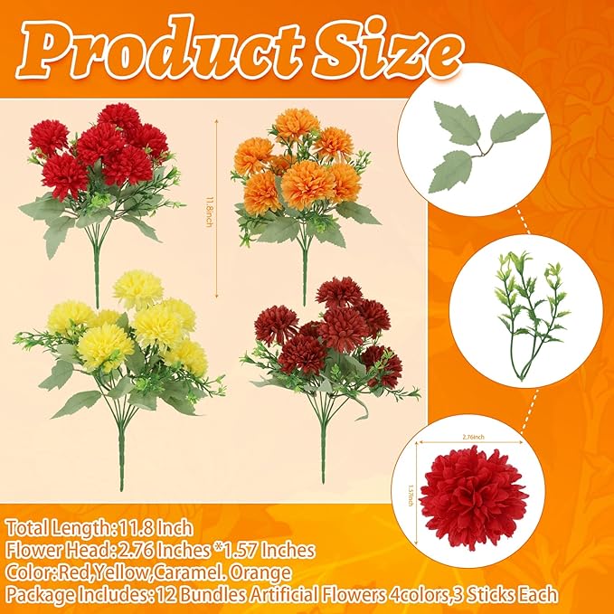 12 Pack with 84 Flower Heads Artificial Chrysanthemum Flowers, Fall Floral Decor for Indoor Outdoor, Porch, Patio, Front Yard, Planters