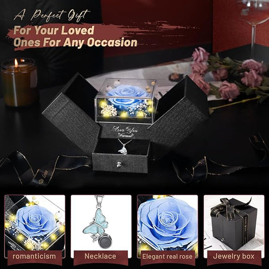 Preserved Sky Blue Real Rose with I Love You Butterfly Necklace-Eternal Flowers Rose Birthday Gifts for Women Wife Mom Girlfriend Grandma on Mothers Day Valentines Anniversary Christmas Romantic