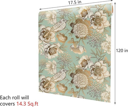 Decotalk Green Floral Wallpaper Floral Peel and Stick Vintage Flowers Wall Paper for Bedroom Bathroom 17.5"x120" Green/Gold Wall Paper Florals Flower Bird Wallpaper Removable Flower Cover Vinyl