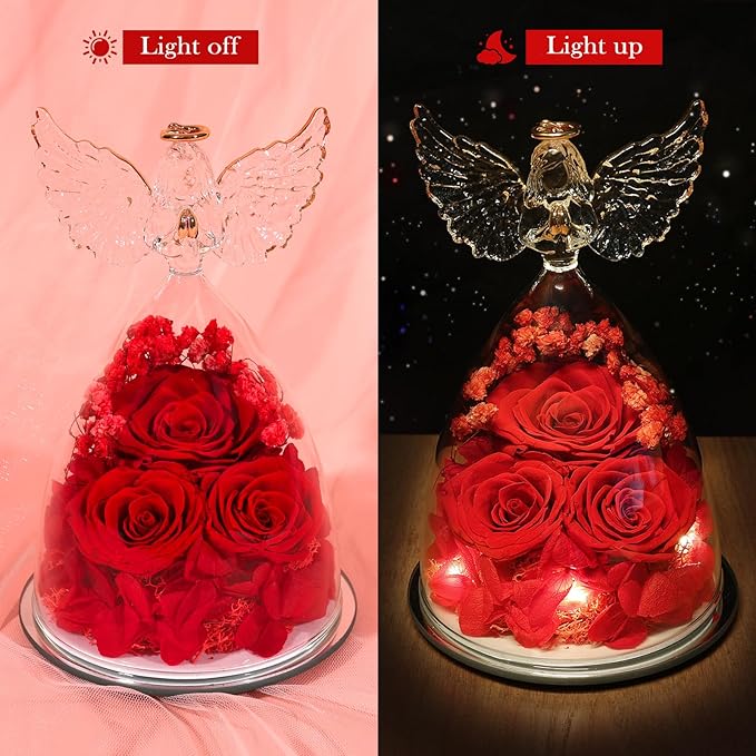 FIACO Preserved Flower Rose for Women, Forever Eternal Fresh Flowers in Glass Angel Figurines Flowers for Delivery Prime Red Roses for Grandma Mom Sister Her Wife on Mothers Day Birthday