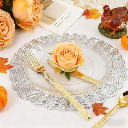 Liacere 150PCS Clear Gold Plastic Plates - Gold Plastic Silverware with Glitter Handle - Clear Disposable Plates Include 30 Guests Plates, Forks, Spoons, Knives for Wedding & Party&Chrismas