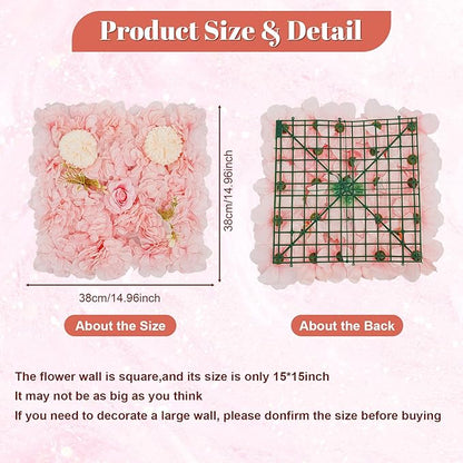 12Pcs Artificial Flower Wall Panel 3D Floral Backdrop Walls 15" X 15" Flower Wall Decor Flower Backdrop Faux Flowers Panel for Party Home Background Decor, Pink/Champagne