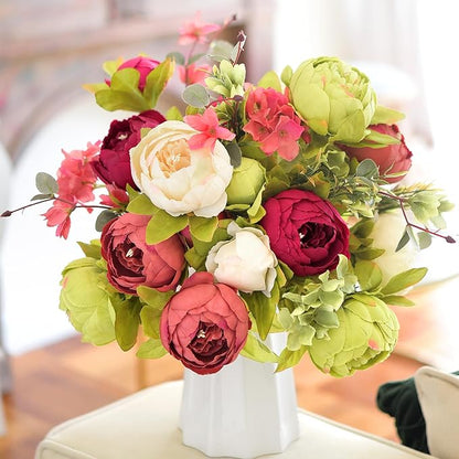 FiveSeasonStuff Vintage Artificial Peonies Silk Flowers and Hydrangeas for Wedding Bridal Home Décor – Beautiful Floral Centerpiece Arrangement Decoration with 2 Bouquets (Country Barn Red)