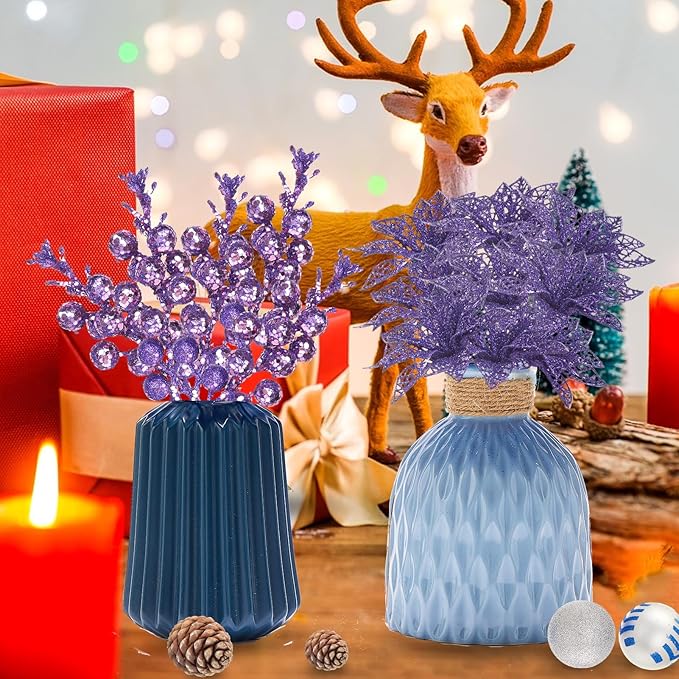 22Pcs Christmas Poinsettia Artificial Flowers and Glitter Berries Stems Kit, 16Pcs Glitter Christmas Tree Flowers Ornaments and 6 Pack Christmas Tree Picks for Wedding Xmas Holiday Decorations(Purple)