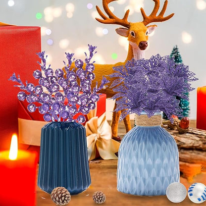 22Pcs Christmas Poinsettia Artificial Flowers and Glitter Berries Stems Kit, 16Pcs Glitter Christmas Tree Flowers Ornaments and 6 Pack Christmas Tree Picks for Wedding Xmas Holiday Decorations(Purple)
