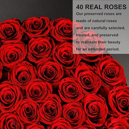 40 Pieces Preserved Roses in Suede Box, Flowers for Mothers Day, Preserved Flowers Gift for Women, Red