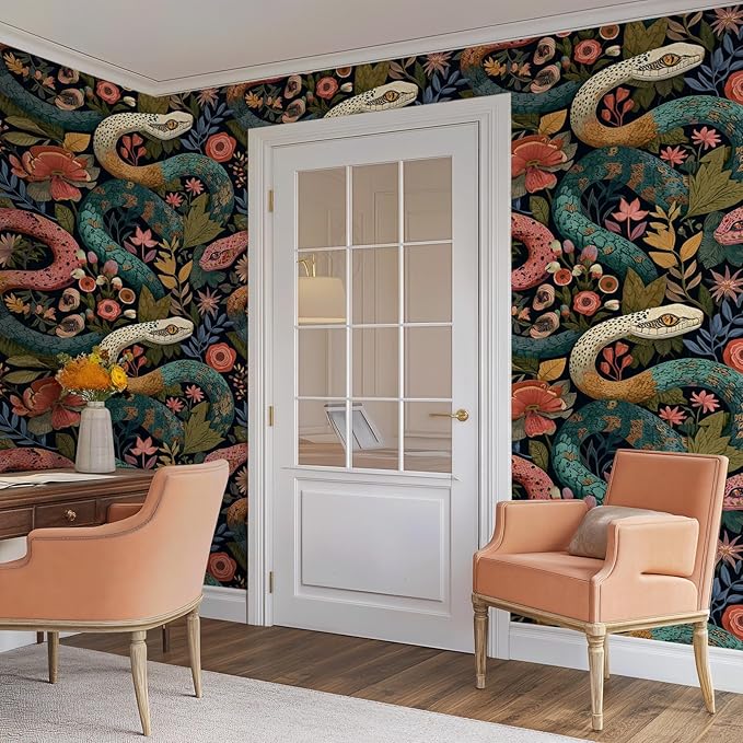 Floral Peel and Stick Modern Animal Wallpaper Whimsical Snake Removable Botanical Leaf 17.7" x 236.22" Wall Paper Watercolor Self Adhesive Contact Paper for Classroom Bedroom laundry room bathroom