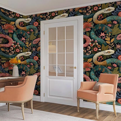 Floral Peel and Stick Modern Animal Wallpaper Whimsical Snake Removable Botanical Leaf 17.7" x 236.22" Wall Paper Watercolor Self Adhesive Contact Paper for Classroom Bedroom laundry room bathroom