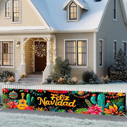 Feliz Navidad Banner 118 x 20 Inch Mexican Christmas Backdrop with Guitar Cactus Poinsettia Flowers Large Holiday Party Wall Decoration for Outdoor Fence Yard Porch Photography