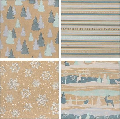 RUSPEPA Christmas Wrapping Paper, Kraft Paper - Reindeer, Stripe and Snowflakes in Blue Design - 4 Rolls - 30 inches x 10 feet per Roll