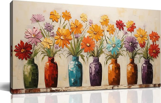 Colorful Daisy Floral Canvas Wall Art, Modern Abstract Flower in Vase Pictures for Living Room Bedroom Office Wall Decor, Horizontal Printed Painting Artwork Home Decorations, Size 40x20 Inches
