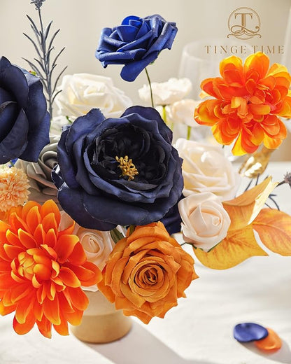 TINGE TIME Artificial Flowers Burnt Orange & Navy Blue Flower Combo for DIY Wedding Bouquets Table Centerpieces Arrangements Party Baby Shower Home Fall Decorations