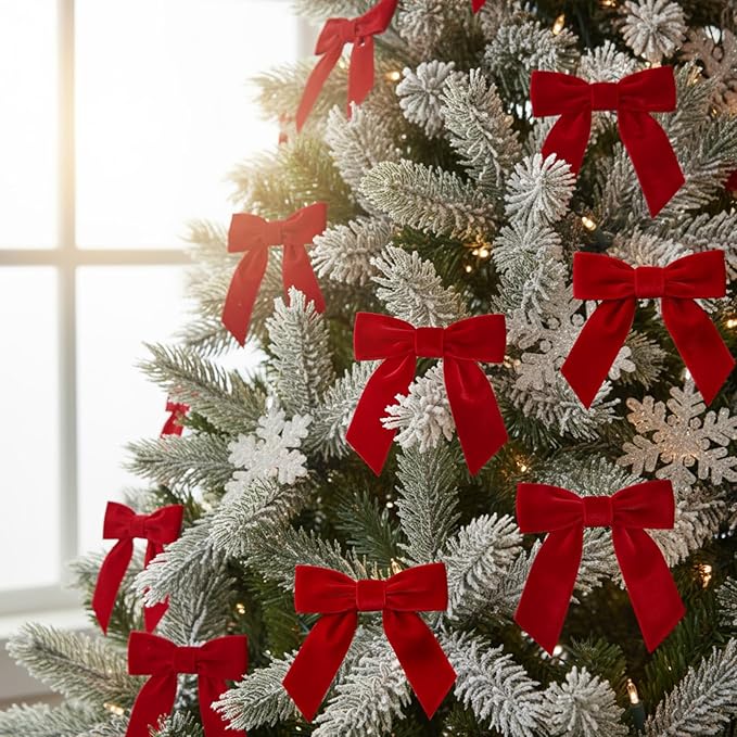 30 Pcs Velvet Ribbon Bows 5" x 4" Pre Tied Christmas Velvet Bows with Twist Tie for Gift Packaging Christmas Tree Wreaths Door Windows Wedding Party Decoration(Red)