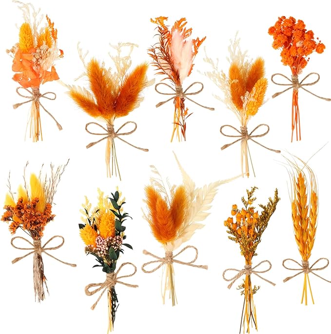 10 Pack Dried Flower Bouquets Mini Dried Flower with Stem Dried Embossing Natural Flower Bundles Artificial Flower Dried Floral Arrangement for Vase DIY Wedding Decor (Orange Series)