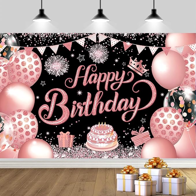 YinQin 180x120 cm Black Rose Golden Happy Birthday Party Photography Backdrops Cloth 71x47 inch Rose Gold Photo Backgrounds Glitter Pink Gold Happy Birthday Sign Banner Decorations for Women Girl