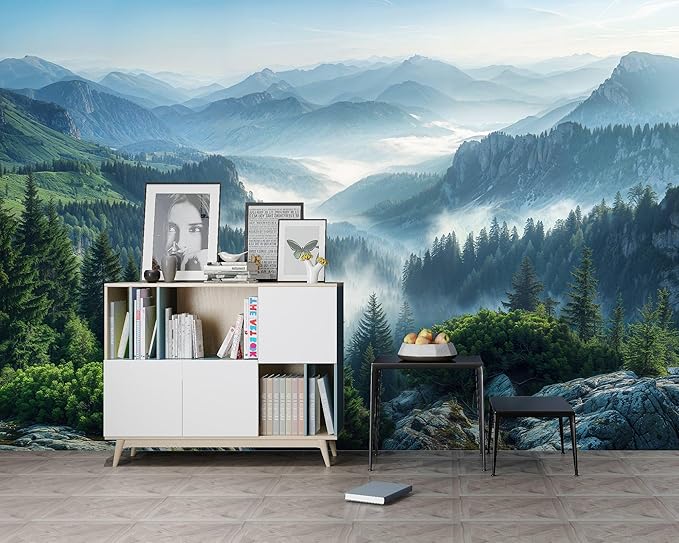 WFBHUA-Misty Pine Forest Wallpaper Peel and Stick Foggy Mountain Scenery Self Adhesive Wall Mural for Living Room 157“x108