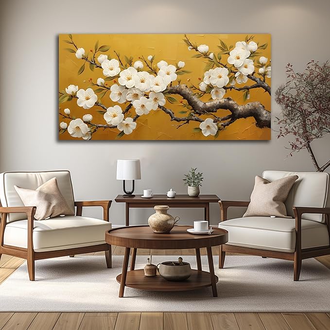 Plum Blossom Prints Wall Art for Living Room Yellow and White Wall Decor for Bedroom Big Canvas Wall Art for Office Size 29 x 58 Inch