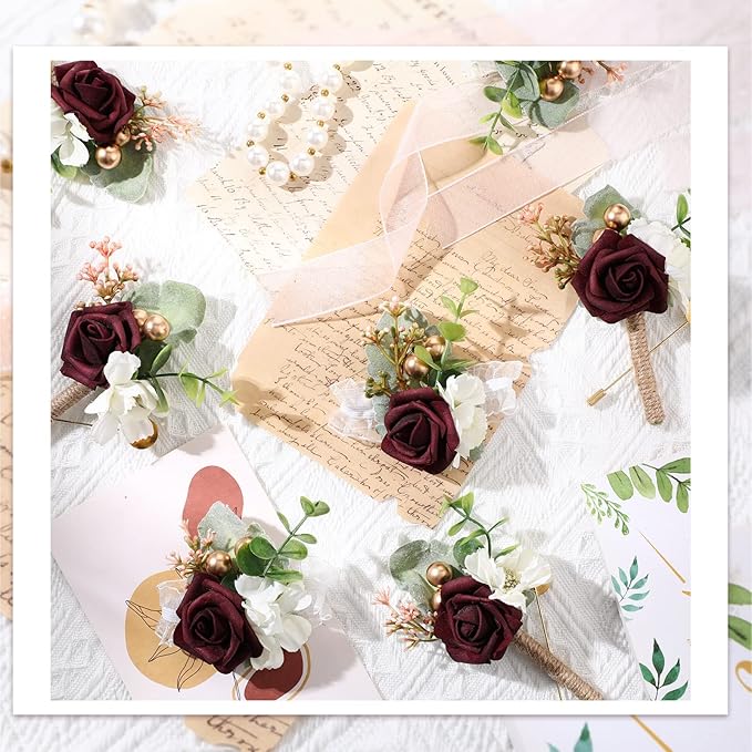 12 Pcs Wedding Wrist Corsage and Boutonniere Set Rose Wrist Corsage for Prom Boutonniere for Men Wedding Flowers Accessories Prom Suit Decorations for Wedding Ceremony Anniversary (Red)