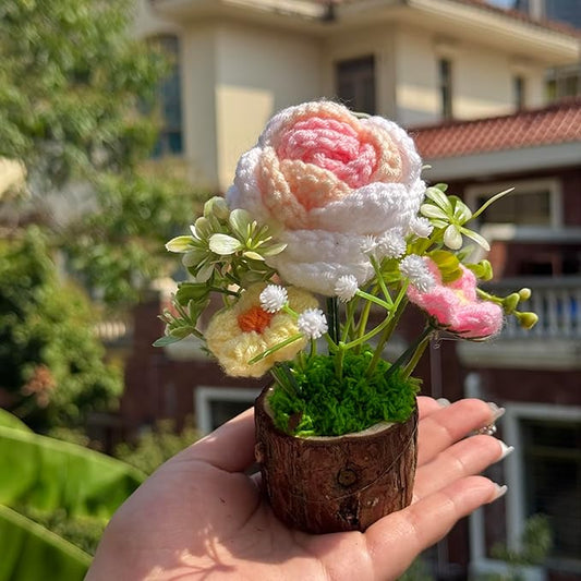 Handmade Crochet Rose Bouquet Knitted Creative Potted Plant Cute Home Desktop Decorations and Gifts for Friends, Lovers, Classmates (Pink Roses)