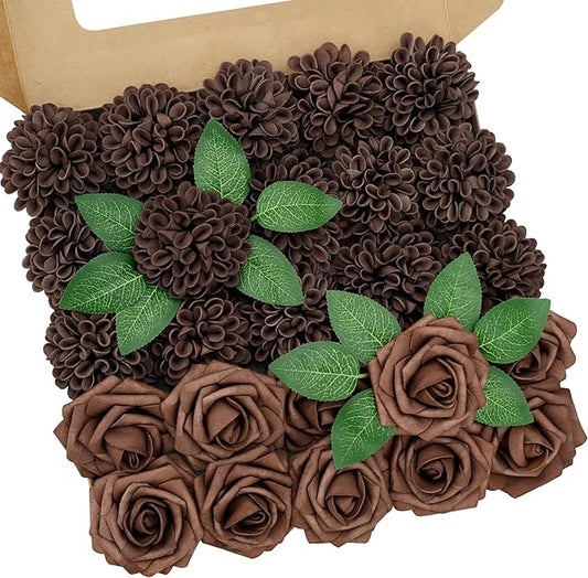 Artificial Flowers, 25pcs Brown Artificial Rose for DIY Wedding Bouquets Centerpieces Arrangements, Brown Rose and Dahlia Flowers with Stem for Bridal Shower Party Home Decorations