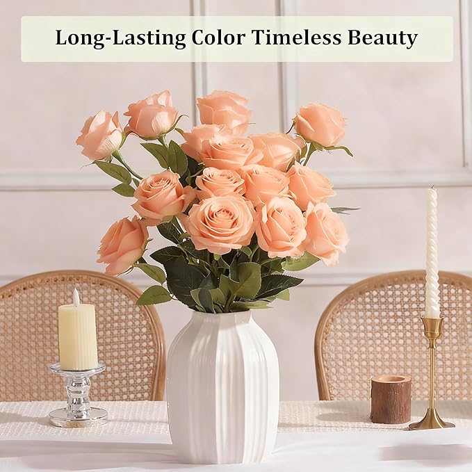 Tangerine Pink Roses Artificial Flowers 15 PCS, Fake Roses Silk Flowers with Long Stems, Faux Rose for Wedding Centerpieces, Home Decor, Party Decor, DIY Bouquet (Tangerine Pink)