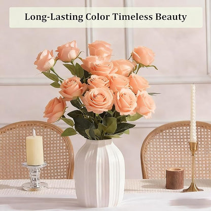Tangerine Pink Roses Artificial Flowers 15 PCS, Fake Roses Silk Flowers with Long Stems, Faux Rose for Wedding Centerpieces, Home Decor, Party Decor, DIY Bouquet (Tangerine Pink)