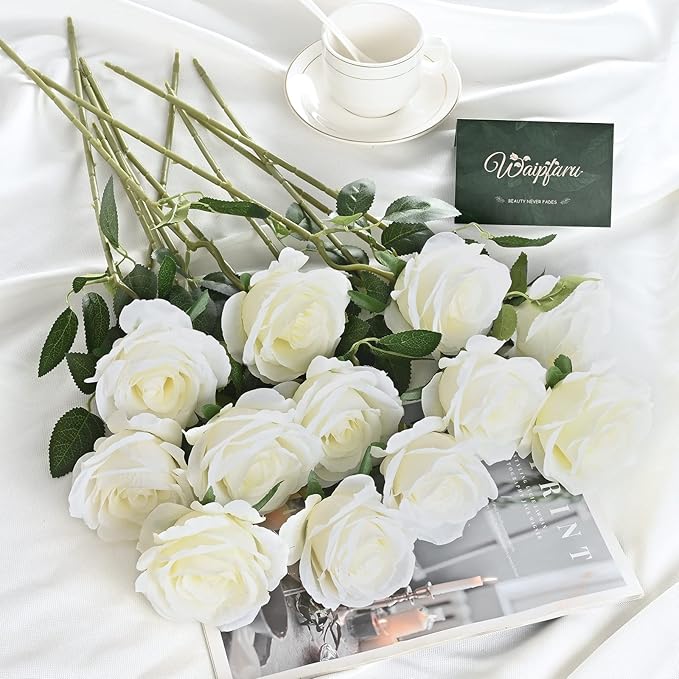 Waipfaru 8 Pcs Fake White Roses Artificial Flowers Bulk, Real Touch Silk Faux Roses with Long Stems for Wedding Bouquet Vase Flower Arrangement Table Centerpieces Home Decor (White)