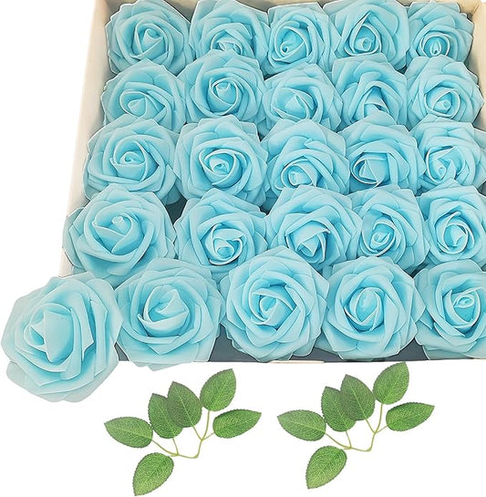 Artificial Rose Flowers 25pcs, Light Blue Foam Fake Rose Faux Flower for Wedding Bouquets Bridal Shower Centerpieces Floral Arrangements Home Decorations Party Backdrops Table