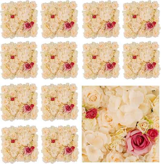 3D Flower Wall Backdrop - 12Pcs Artificial Flower Wall Panel 15 * 15inch Decoration Champagne and Red Roses Wall for Home Party Wedding Anniversary Birthday