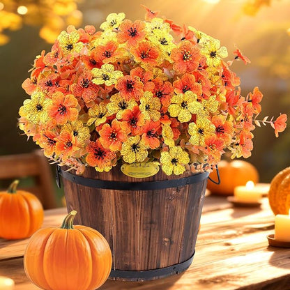 12 Bundles Artificial Fake Mums Flowers for Outdoor Faux Silk Orange Yellow Daisy Realistic UV Resistant No Fade Fake Plants Flowers for Planter Porch Patio Indoor Thanksgiving Decor