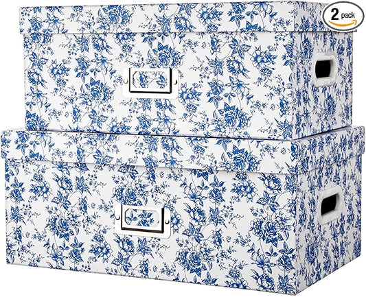 Briful Set of 2 Blue and White Porcelain-Style Storage Boxes with Lids – Elegant Floral Nesting Organizer Bins, 14'' + 13'' Set Decorative Cardboard Gift Boxes for Home or Office Use