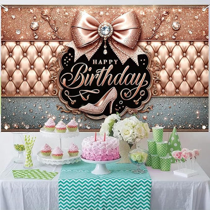 Happy Birthday Backdrop Banner Pink High Heels Birthday Photo Backdrop Photography Background Glitter Diamond Decorations Girl Sweet Party Banner Photo Booth 71 x 43 Inch