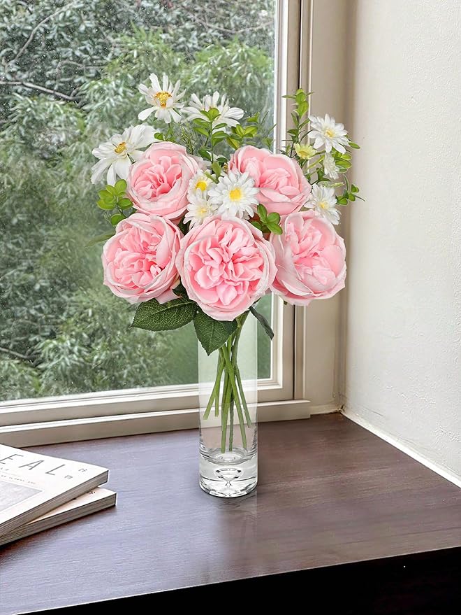 Peonies Artificial Flowers 9PCS Long Faux Pink Flowers Artificial Realistic Peony Daisies Silk Flower Arrangements 18.5" Fake Flowers for Vase Centerpiece Wedding Party Home Decor DIY Bridal Bouquet