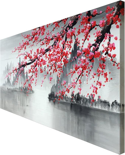 Traditional Chinese Painting Hand Painted Plum Blossom Canvas Wall Art Modern Black and White Landscape Oil Painting for Living Room Bedroom Office Decoration (48x24 inch)