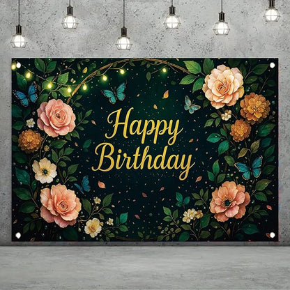 Greenery Birthday Backdrop Sage Green Floral Butterfly Banner String Lights Party Decorations Photography Background for Women Girls Birthday Supplies Photo Booth Prop 71 x 43 Inch