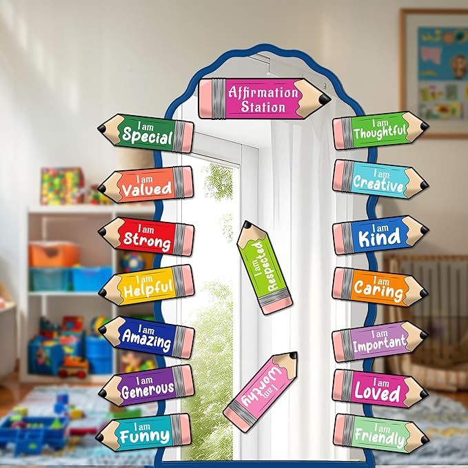 Watercolor Inspirational Mirror Decals Pencil Cutouts Stickers for Bulletin Board Set Kids Motivational Stickers for Galss Window Positive Affirmation Wall Decal for Playroom Nursery Teacher Supplies