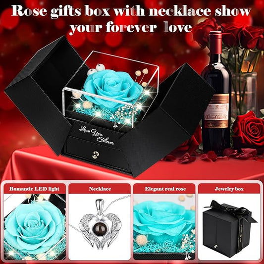FIACO Gifts for Women Preserved Real Roses with I Love You Necklace Fresh Forever Flowers Birthday Gifts for Mom Grandma Wife Girlfriend on Anniversary Christmas Valentines Romantic Gift