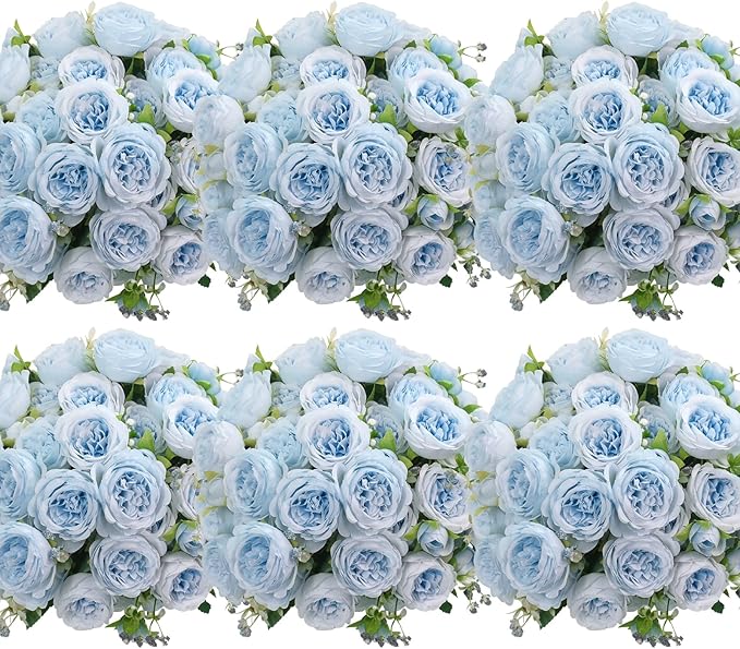 6 Pcs Peonies Artificial Flowers Bulk, Blue Silk Peonies Fake Bouquet for Floral Centerpieces, Realistic Faux Peony Flower for Flower Arrangements Wedding Decoration vase