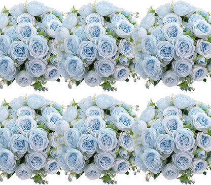 6 Pcs Peonies Artificial Flowers Bulk, Blue Silk Peonies Fake Bouquet for Floral Centerpieces, Realistic Faux Peony Flower for Flower Arrangements Wedding Decoration vase
