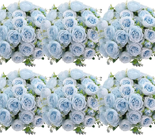 6 Pcs Peonies Artificial Flowers Bulk, Blue Silk Peonies Fake Bouquet for Floral Centerpieces, Realistic Faux Peony Flower for Flower Arrangements Wedding Decoration vase