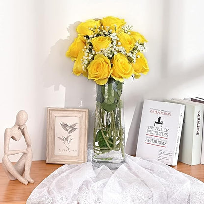 Waipfaru 20 Pcs Fake Yellow Roses Babys Breath Artificial Flowers Bulk, Silk Yellow Rose Faux Babys Breath with Long Stems for Wedding Bouquet Vase Flower Arrangement