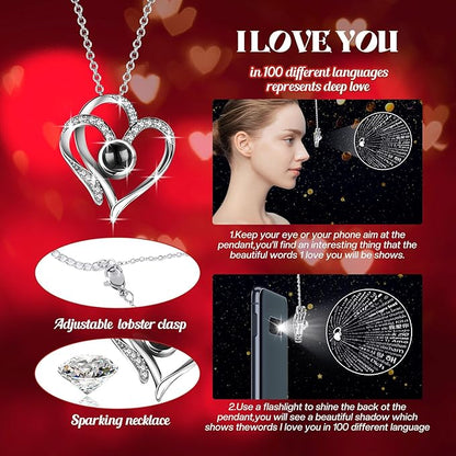 Christmas Birthday Gifts for Women - Preserved Real Rose with I Love You Heart 100-Language Necklace, LED Lights & Music Gift Box, Christmas for Women Girlfriend Mom