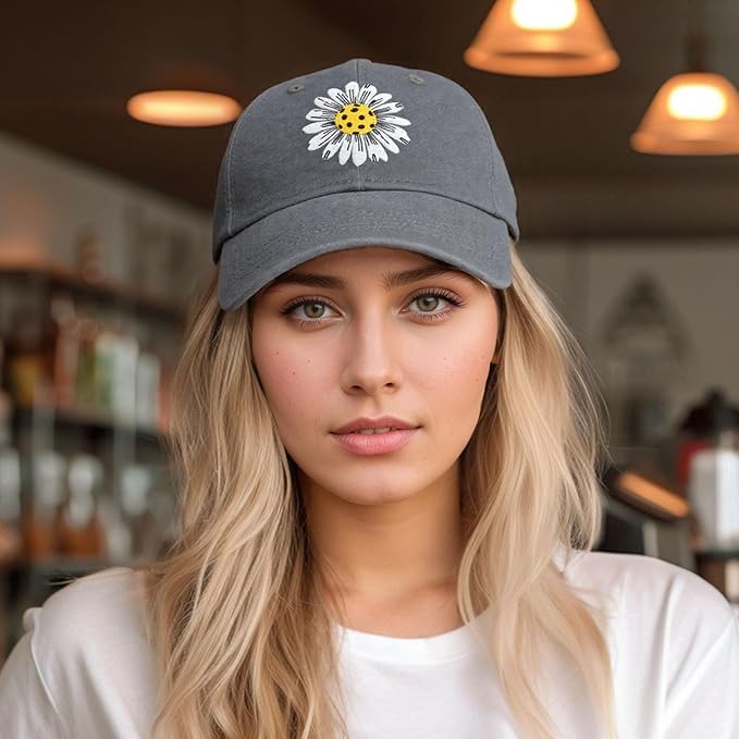 Waldeal Pickleball Hat for Women, Ajustable Embroidered Daisy Washed Denim Baseball Cap
