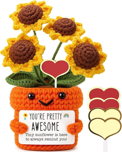 Mini Inspirational Gifts for Women Handmade Positive Crochet Affirmation Sunflower for Teacher, Mentor, Nurse, Coworker, Emotional Cheer Up Support, Birthday, White Elephant Christmas Stocking Stuffer